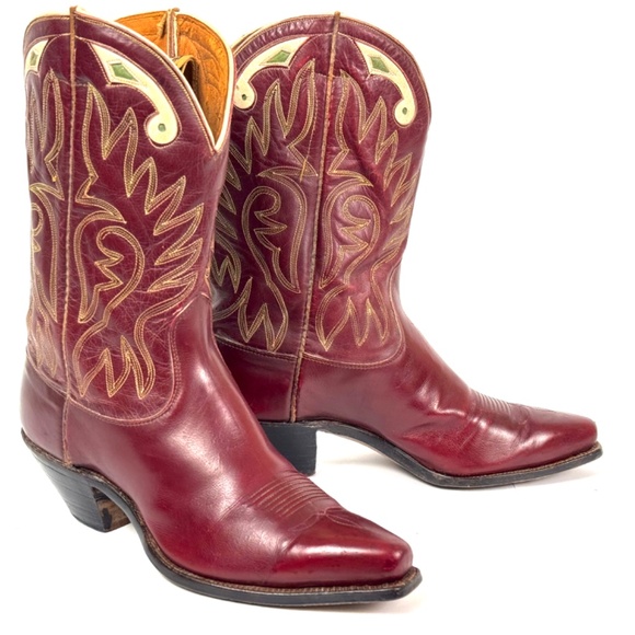 Justin Burgundy 50's Pee Wee Cowboy Boots - Womens Size 6.5B Inlaid Cloth Pulls - Picture 14 of 16